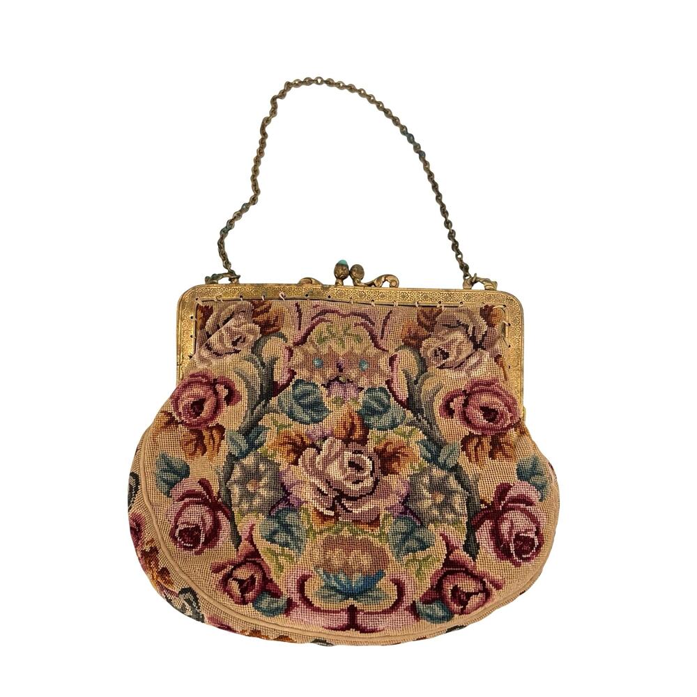 vintage petit point purse intricate floral tapestry and brass frame clutch - Picture 5 of 12